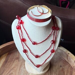 Red Beaded Layered Necklace Set with bangle and Hoop Earrings